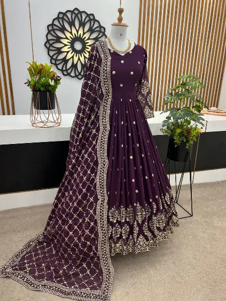 Wine Anarkali Gown With Heavy Embroidery Sequence Work in Georgette