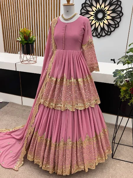 Dusty Pink Color Designer Indo Western With Sequence Embroidery and Dupatta