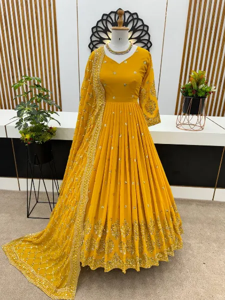 Yellow Anarkali Gown With Heavy Embroidery Sequence Work in Georgette