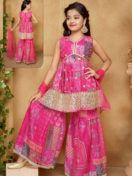 Pink Kids Top and Sharara Pair With Dupatta in Satin With Print and Embroidery