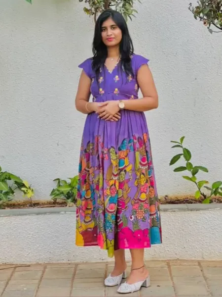 Lavender South Indian Gown With Kalamkari Print in Chent Crepe Ready to Wear