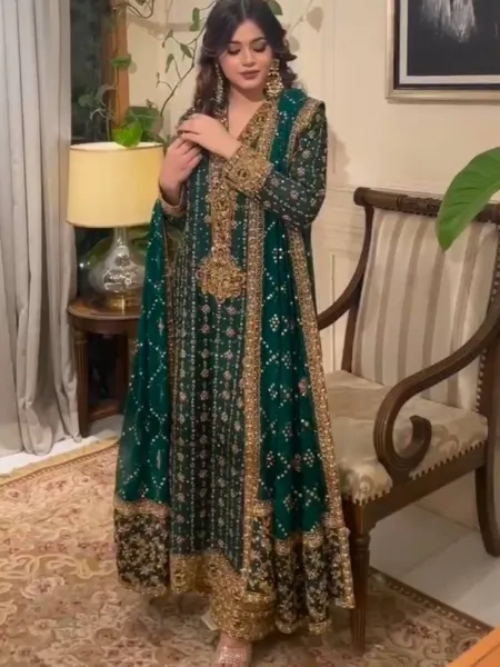 Green Georgette Pakistani Suit With Sequins Embroidery for Reception Party