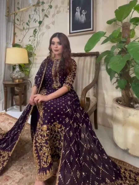 Purple Georgette Pakistani Suit With Sequins Embroidery for Reception Party