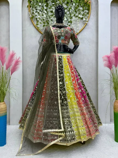 Multi Color Bridal Lehenga Choli With Heavy Thread Embroidery Work
