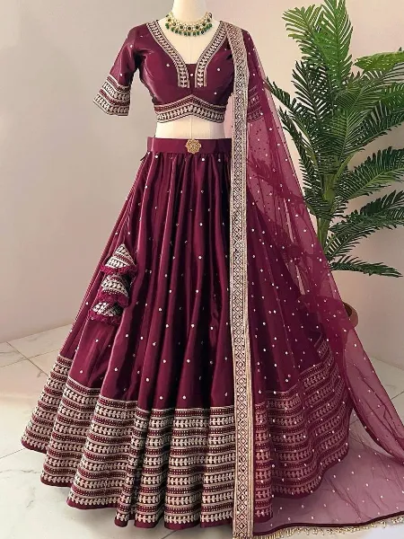 Wine Color Bridal Lehenga Choli With Heavy Embroidery Work in Japan Satin