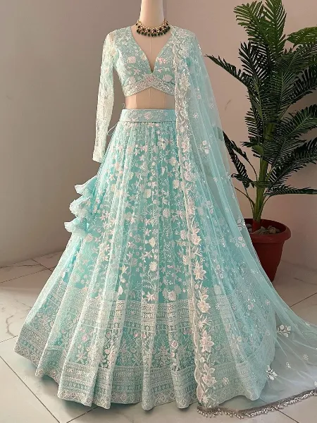 Sky Blue Bridal Lehenga Choli With Heavy Embroidery Work in Butterfly Net