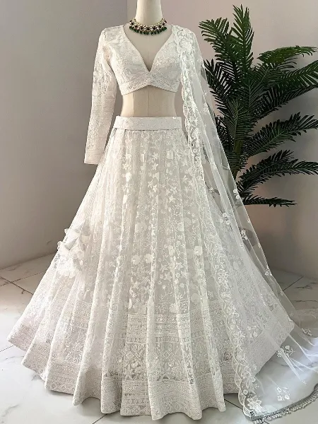 White Bridal Lehenga Choli With Heavy Embroidery Work in Butterfly Net