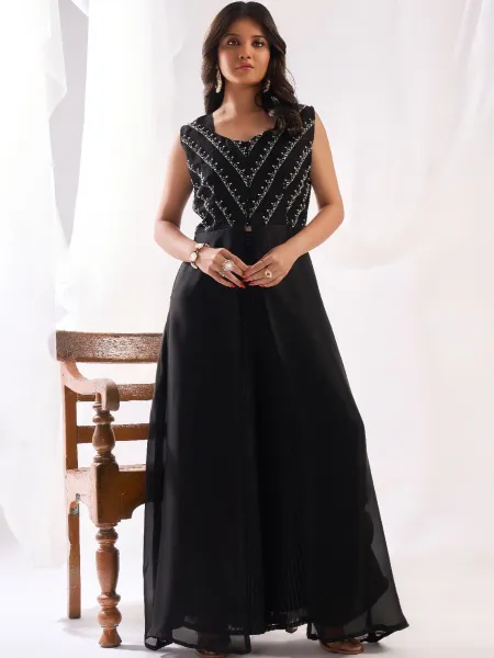 Black Ready to Wear Top and Palazzo Set With Embroidery Work in Satin