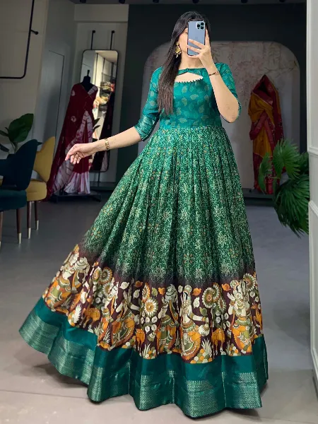 Green Ready to Wear Gown in Tussar Silk With Print and Weaving Border