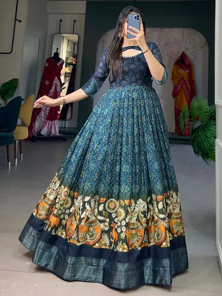 Navy Blue Ready to Wear Gown in Tussar Silk With Print and Weaving Border