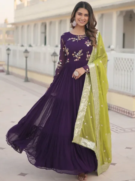 Wine Big Flair Gown in Georgette With Dupatta and Embroidery 12 Meter Flair
