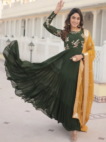 Mehendi Big Flair Gown in Georgette With Dupatta and Embroidery 12 Meter Flair