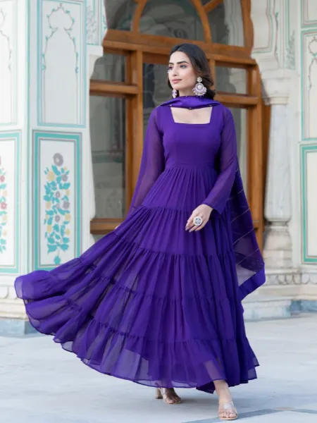 Purple Big Flair Gown in Georgette With Dupatta and Embroidery 12 Meter Flair