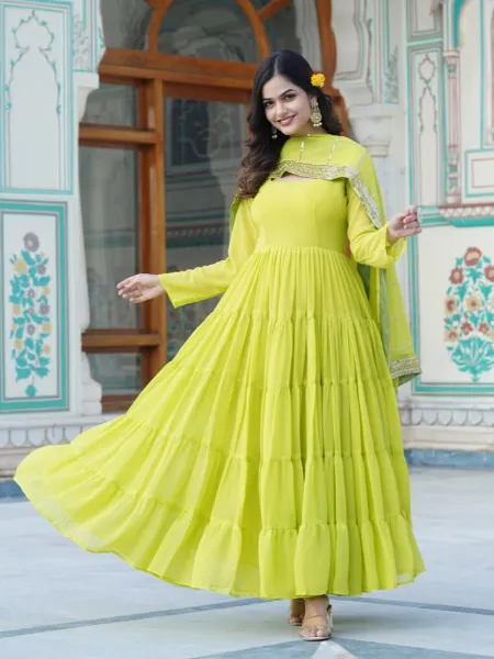 Parrot Big Flair Gown in Georgette With Dupatta and Embroidery 12 Meter Flair