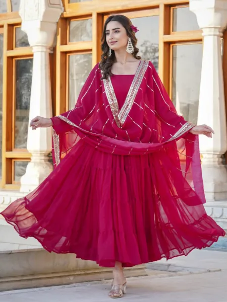 Pink Big Flair Gown in Georgette With Dupatta and Embroidery 12 Meter Flair