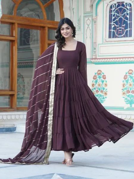 Brown Big Flair Gown in Georgette With Dupatta and Embroidery 12 Meter Flair