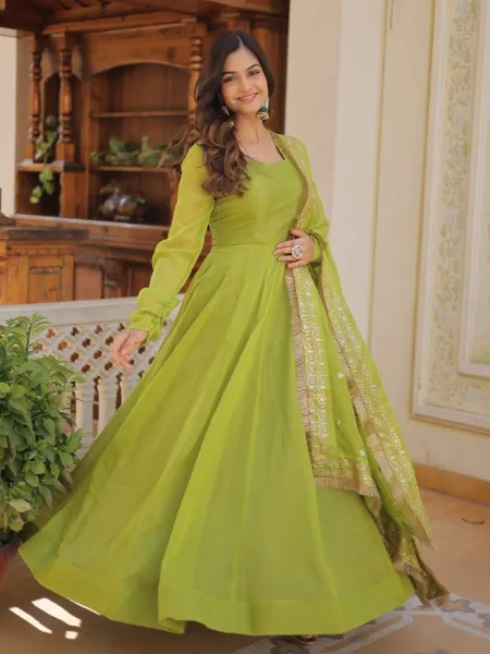 Parrot Color Party Wear Gown in Russian Silk With Embroidery Dupatta