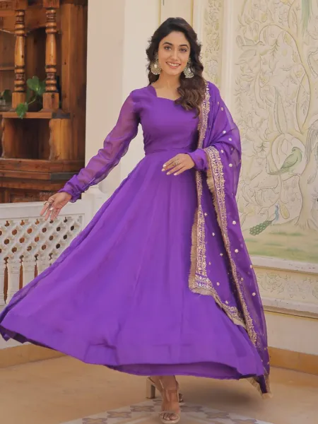 Purple  Color Party Wear Gown in Russian Silk With Embroidery Dupatta