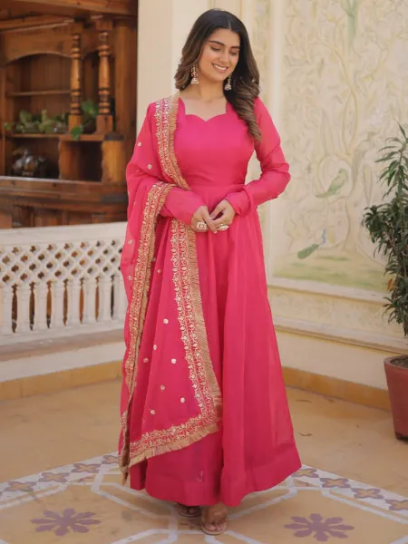 Pink Color Party Wear Gown in Russian Silk With Embroidery Dupatta