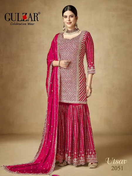Gulzar Utsav Premium Chinon Embroidered Sharara Suits in Pink Color