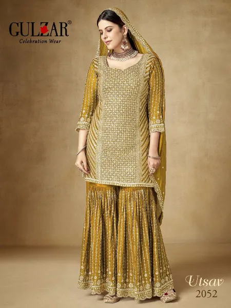 Gulzar Utsav Premium Chinon Embroidered Sharara Suits in Yellow Color