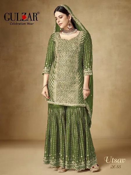Gulzar Utsav Premium Chinon Embroidered Sharara Suits in Mehendi Color