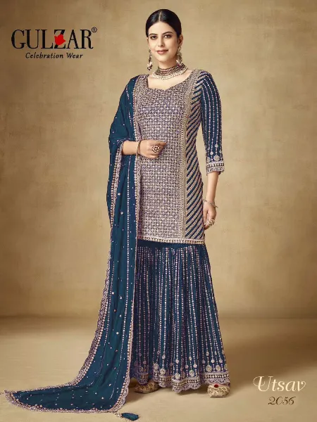 Gulzar Utsav Premium Chinon Embroidered Sharara Suits in Rama Color