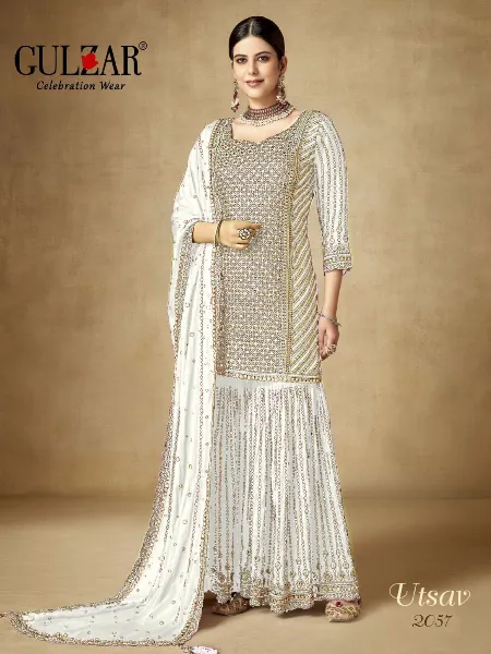 Gulzar Utsav Premium Chinon Embroidered Sharara Suits in White Color