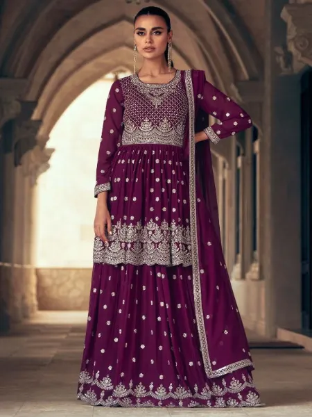 Aashirwad Gulkand Sadaf Top and Skirt in Wine Color With Heavy Embroidery