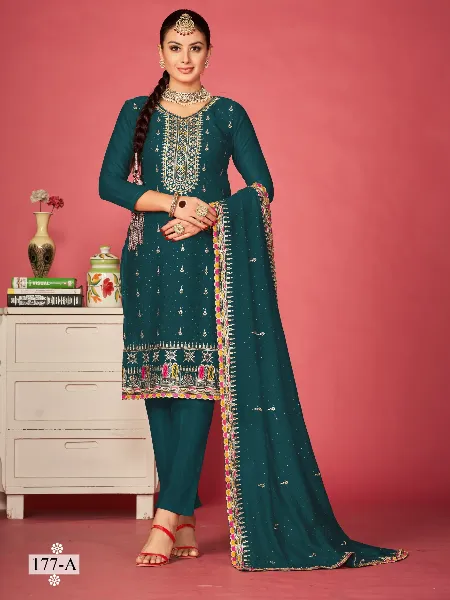 Rama Color Designer Salwar Kameez in Vichitra Silk with Embroidery and Diamond