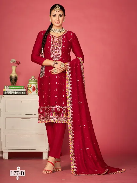 Red Color Designer Salwar Kameez in Vichitra Silk with Embroidery and Diamond