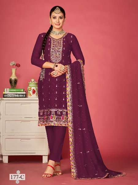 Wine Color Designer Salwar Kameez in Vichitra Silk with Embroidery and Diamond