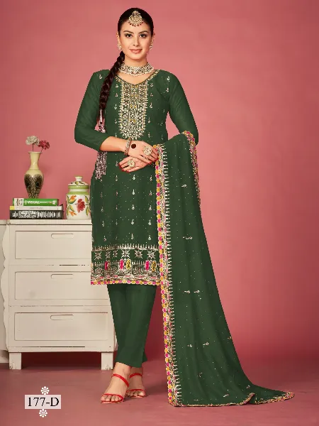 Mehendi Color Designer Salwar Kameez in Vichitra Silk with Embroidery and Diamond