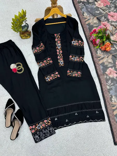 Black Kurti Pant Set in Maslin With Sequins Embroidery and Dupatta