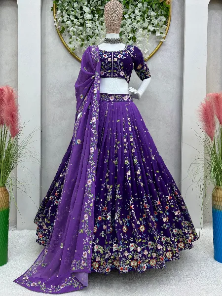 Purple Color Bridal Lehenga Choli With Heavy Thread and Sequins Embroidery