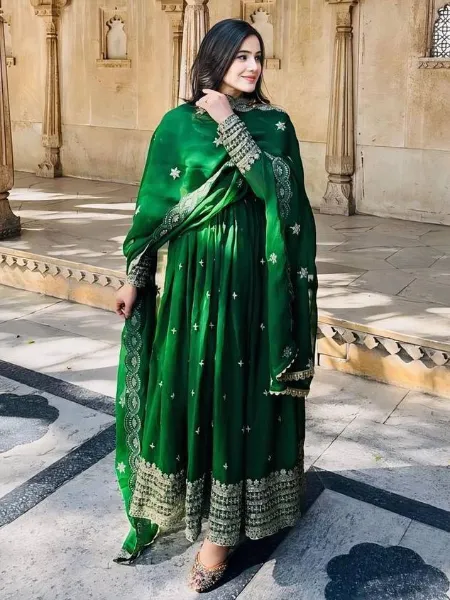 Green Georgette Gown With Sequence Embroidery Work Udaipur City Palace Gown