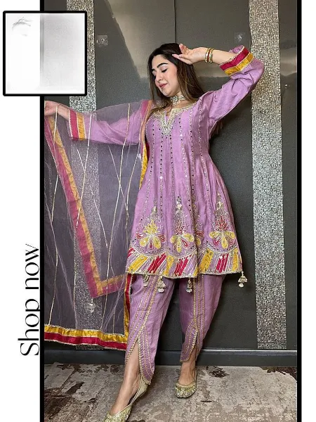 Lavender Dhoti With Kurta and Dupatta Set in Chinon With Sequence Embroidery