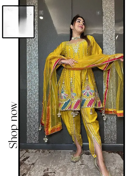 Yellow Dhoti With Kurta and Dupatta Set in Chinon With Sequence Embroidery