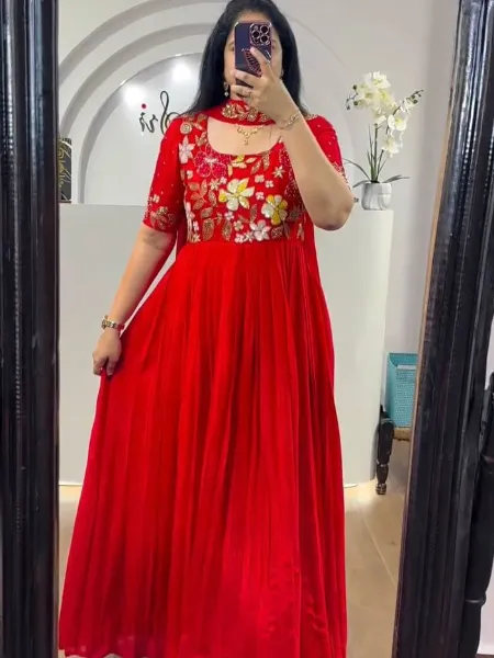 Red Color Designer Gown With Sequence and Thread Work Party Wear Gown