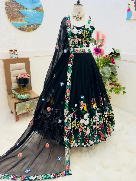 Wedding Lehenga Choli in Black Engagement Lehenga Choli With Embroidery in Georgette
