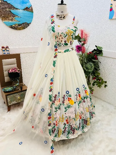 Wedding Lehenga Choli in White Engagement Lehenga Choli With Embroidery in Georgette