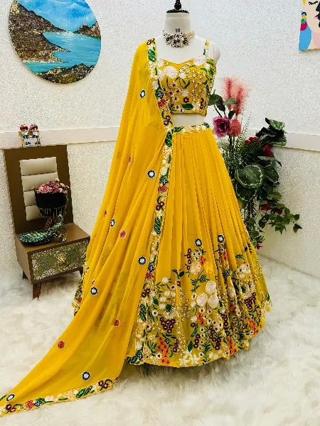 Wedding Lehenga Choli in Yellow Engagement Lehenga Choli With Embroidery in Georgette