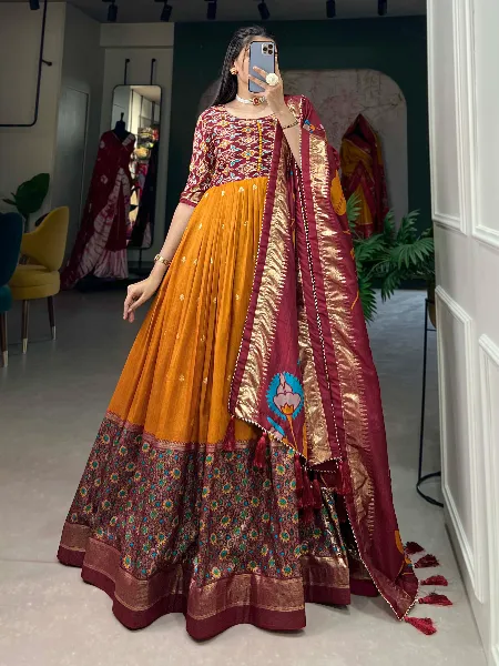 Mustard Ready to Wear Gown in Tussar Silk With Print and Foil Work Festival and Party Gown