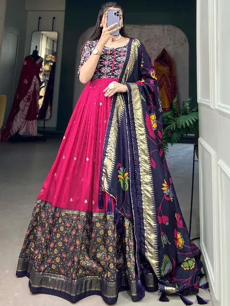 Pink Ready to Wear Gown in Tussar Silk With Print and Foil Work Festival and Party Gown