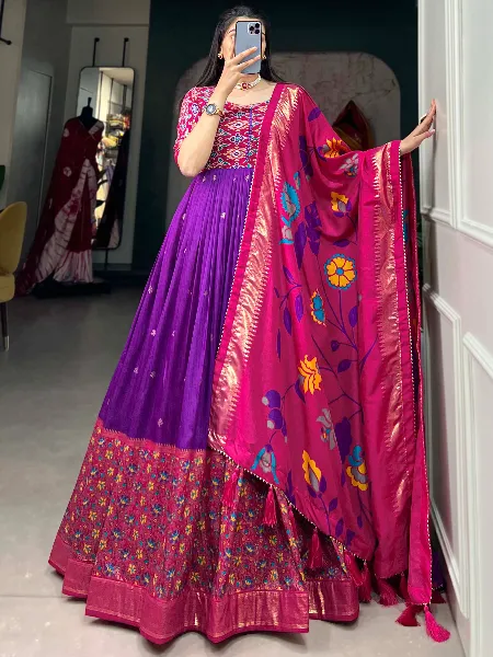 Purple Ready to Wear Gown in Tussar Silk With Print and Foil Work Festival and Party Gown