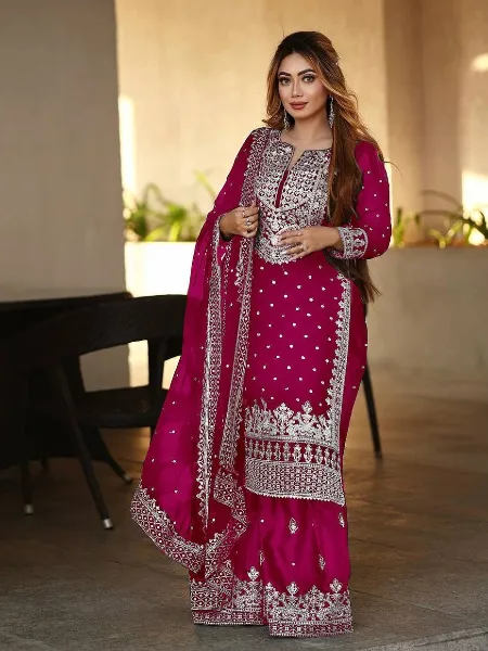 Pink Color Designer Top Gharara Suit in Georgette With Embroidery Work