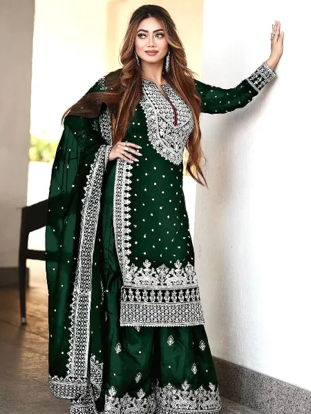 Green Color Designer Top Gharara Suit in Georgette With Embroidery Work