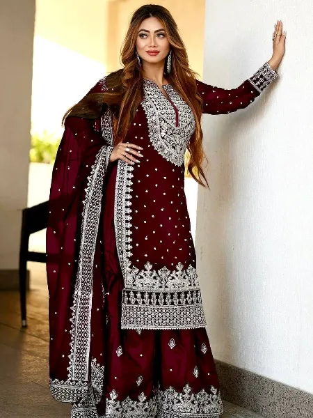 Maroon Color Designer Top Gharara Suit in Georgette With Embroidery Work