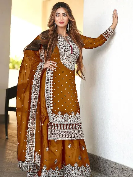 Orange Color Designer Top Gharara Suit in Georgette With Embroidery Work