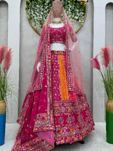 Elegant Multicolor Embroidered Bridal Lehenga - Rent